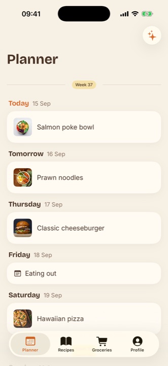 The Chez Toi weekly planner, showing a meal for each day of the week.